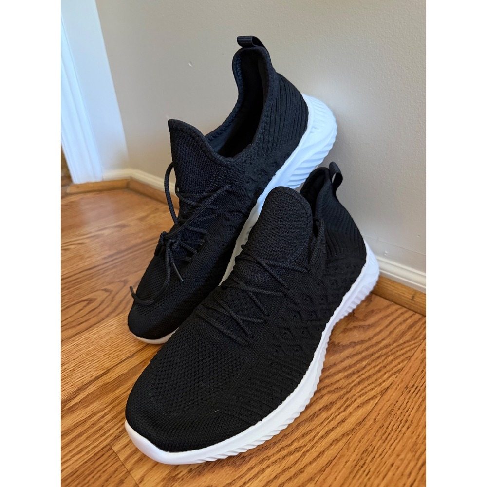Mens Black Knit Athletic Sneakers Lightweight Running Shoes Size 8 White Sole